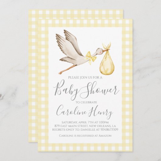 Ooievaar Baby shower Preppy Gingham Neutral Yellow Kaart (Voorkant / Achterkant)