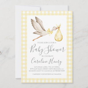 Ooievaar Baby shower Preppy Gingham Neutral Yellow Kaart