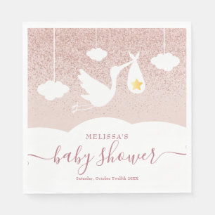Ooievaar Baby shower Roos Gouden Ster Glitter Servet