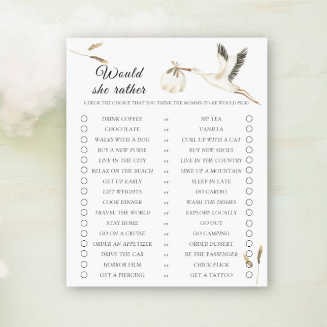 Ooievaar baby shower Would She Rather spel  (Creator heeft geüpload)