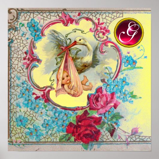 OOIEVAAR BABYMEISJE FEEST Ruby Edelsteen Monogram Poster (Voorkant)