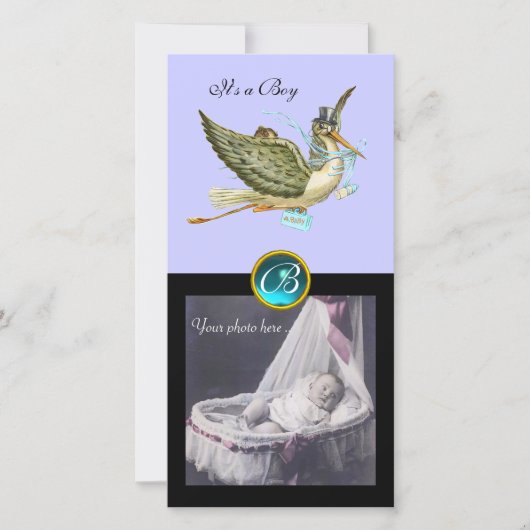 OOIEVAAR BABYSHOWER VIERKANTE MONOGRAM , aquamarij Aankondiging (Voorkant)