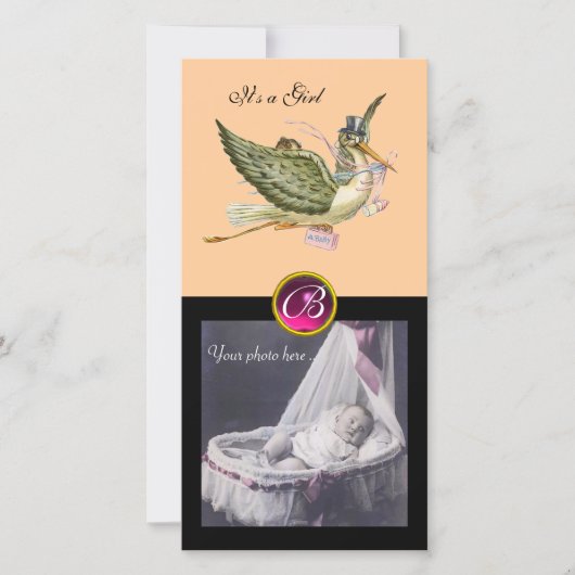 OOIEVAAR BABYSHOWER VIERKANTE MONOGRAM ruby Aankondiging (Voorkant)