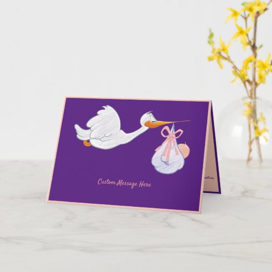 Ooievaar Bezorgt Geboorteaankondigingskaart Meisje Kaart (Gele Bloem)