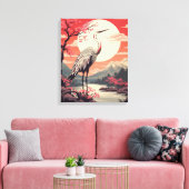 Ooievaar bij zonsopgang bij het meer en Sakura bom Canvas Afdruk (Insitu (Woonkamer))