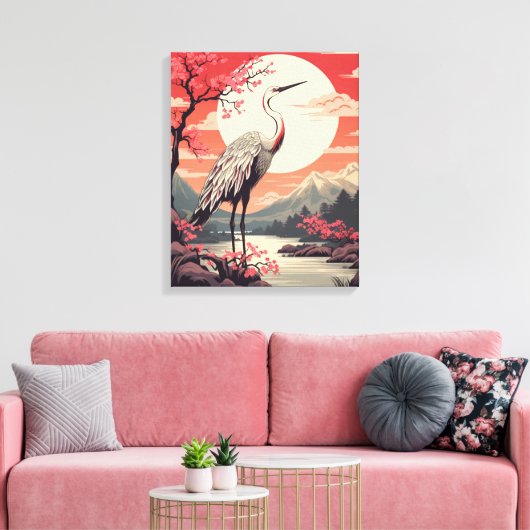 Ooievaar bij zonsopgang bij het meer en Sakura bom Canvas Afdruk (Insitu (Woonkamer))