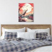 Ooievaar bij zonsopgang bij het meer en Sakura bom Canvas Afdruk (Insitu (Slaapkamer))
