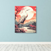 Ooievaar bij zonsopgang bij het meer en Sakura bom Canvas Afdruk (Insitu (Houten vloer))