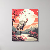 Ooievaar bij zonsopgang bij het meer en Sakura bom Canvas Afdruk (Voorkant)