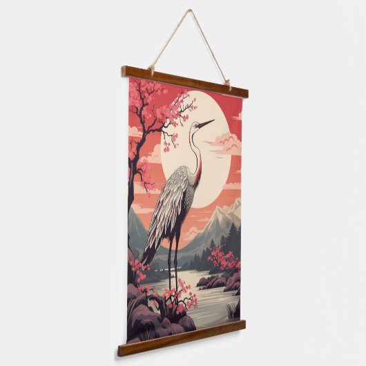 Ooievaar bij zonsopgang bij het meer en Sakura bom Hangend Wandkleed (Gebogen)