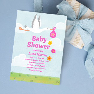 Ooievaar & Bloemen Baby Shower Uitnodiging