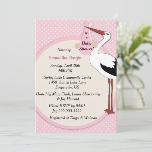  ooievaar brengt baby meisje doucheuitnodiging kaart (Staand voorkant)
