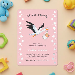 Ooievaar Draagt Baby Selfie Baby Shower Roze Folie Uitnodiging