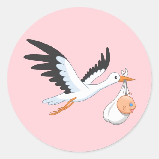 Ooievaar draagt een Baby bundel roze Ronde Sticker (Voorkant)