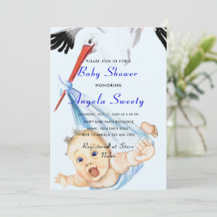 Ooievaar Dragen Baby Boy Douche Uitnodiging Grappi