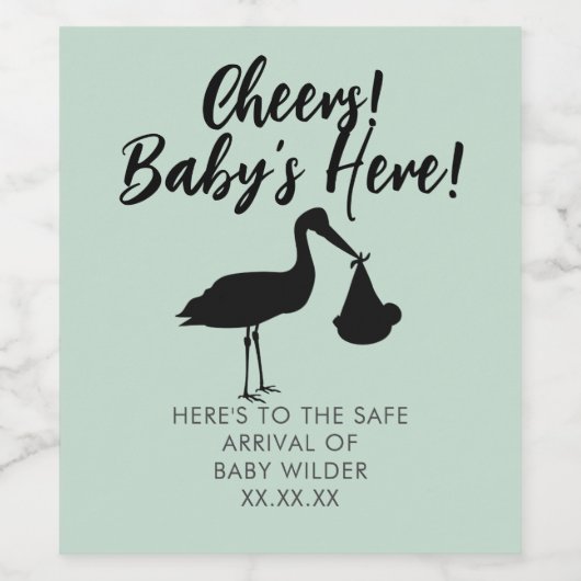 Ooievaar en Baby Cheers Geslacht Neutraal Sage Gro Wijn Etiket (Enkel label)