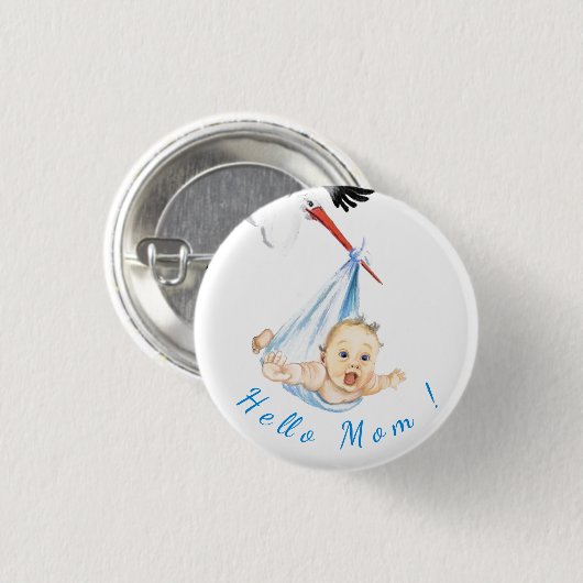 Ooievaar en Baby Grappige Button - aangepaste teks (Voorkant /achterkant)