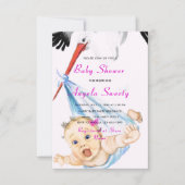 Ooievaar en Baby Meisje Douche Uitnodiging met QR (Voorkant)