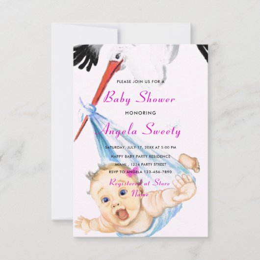 Ooievaar en Baby Meisje Douche Uitnodiging met QR (Voorkant)