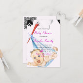Ooievaar en Baby Meisje Douche Uitnodiging met QR (Voorkant / Achterkant in situ)