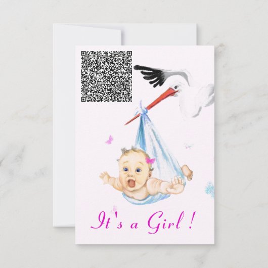 Ooievaar en Baby Meisje Douche Uitnodiging met QR (Achterkant)