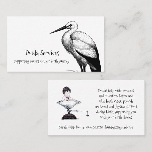 ooievaar en Baby op weegschaal doula of vroedvrouw Visitekaartje (Voorkant / Achterkant)