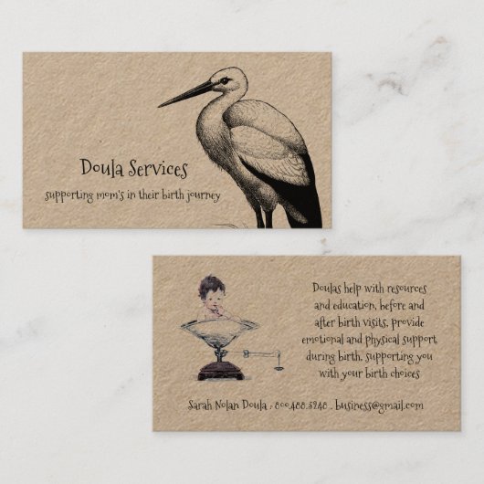 ooievaar en Baby op weegschaal doula of vroedvrouw Visitekaartje (Voorkant / Achterkant)