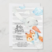 Ooievaar en vosje jongen babyshower blauw & grijs kaart (Voorkant)
