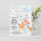 Ooievaar en vosje jongen babyshower blauw & grijs  kaart (Staand voorkant)