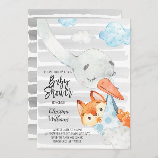 Ooievaar en vosje jongen babyshower blauw & grijs kaart (Voorkant / Achterkant)