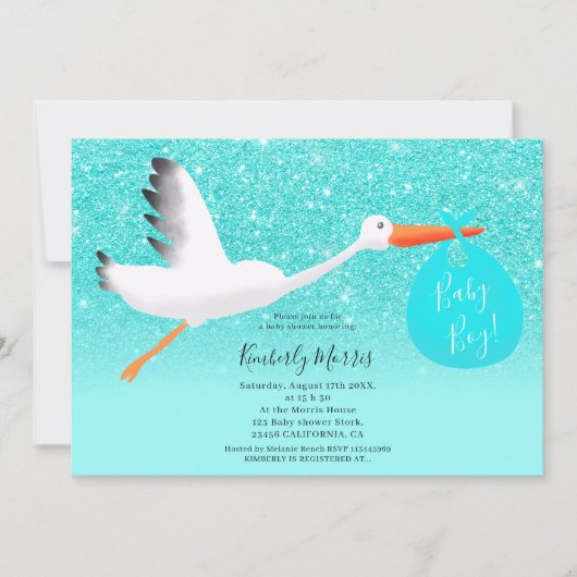 Ooievaar glitter tas illustratie baby jongen douch kaart (Voorkant)