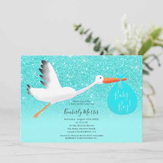 Ooievaar glitter tas illustratie baby jongen douch kaart (Staand voorkant)