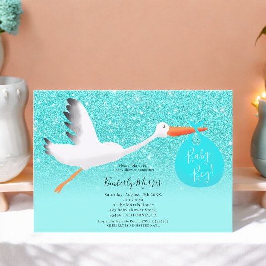 Ooievaar glitter tas illustratie baby jongen douch kaart