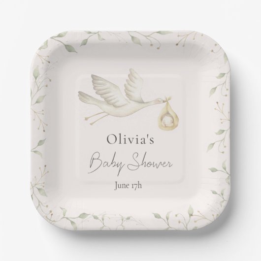 Ooievaar groen Baby shower Papieren Bordje (Voorkant)