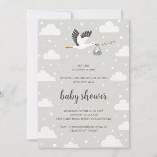 Ooievaar illustratie jongen babyshower uitnodiging