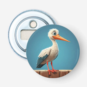 Ooievaar in cartoonstijl met heldere ogen op houte button flesopener