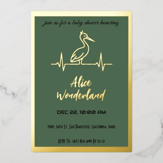 Ooievaar in modern goud en groen Baby shower Folie Uitnodiging (Voorkant)