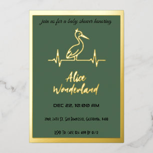 Ooievaar in Modern Goud en Groen Baby Shower Uitno Folie Uitnodiging