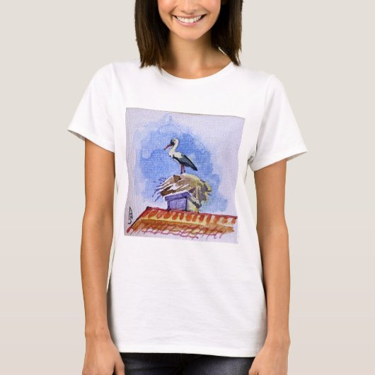 ooievaar in nest, waterverf illustratie t-shirt (Voorkant)