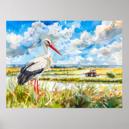 Ooievaar in zomervelden Havelland Aquarel stijl Poster