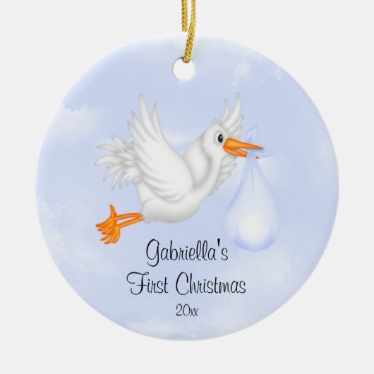 Ooievaar Jongen Baby's Eerste Kerst Ornament (Voorkant)