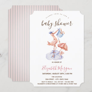 Ooievaar Kleine Konijn Roze Strepen Baby Shower   Kaart