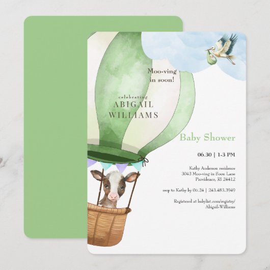 Ooievaar & Koe Moo-ving in Soon Baby shower Kaart (Voorkant / Achterkant)