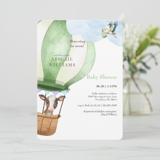 Ooievaar & Koe Moo-ving in Soon Baby shower Kaart (Staand voorkant)