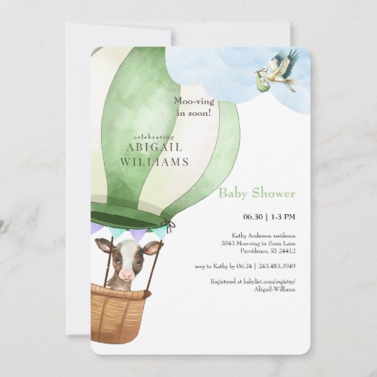 Ooievaar & Koe Moo-ving in Soon Baby shower Kaart (Voorkant)