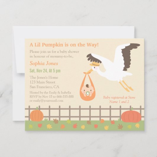 Ooievaar Levering Kleine Pompoen Baby Shower Uitno Kaart (Voorkant)