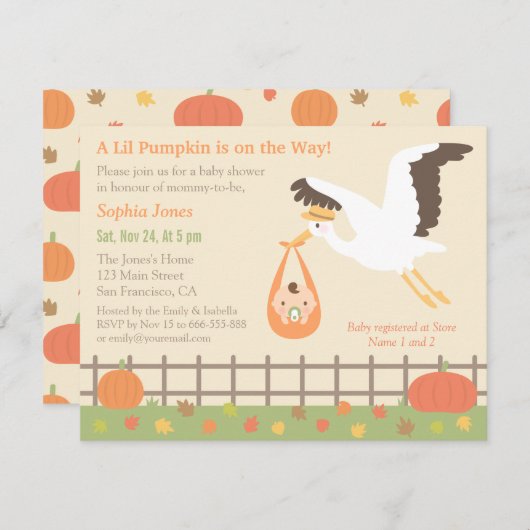 Ooievaar Levering Kleine Pompoen Baby Shower Uitno Kaart (Voorkant / Achterkant)