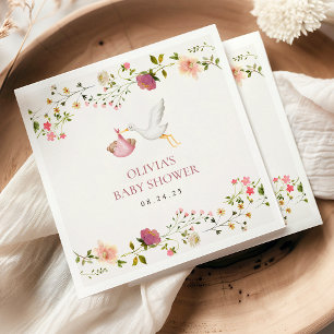 Ooievaar Levering Roze Bloemenkindje Baby Borrel Servet