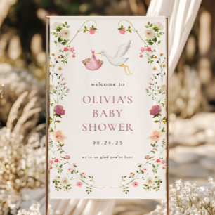 Ooievaar Levering Roze Meisje Baby Shower Welkom Spandoek