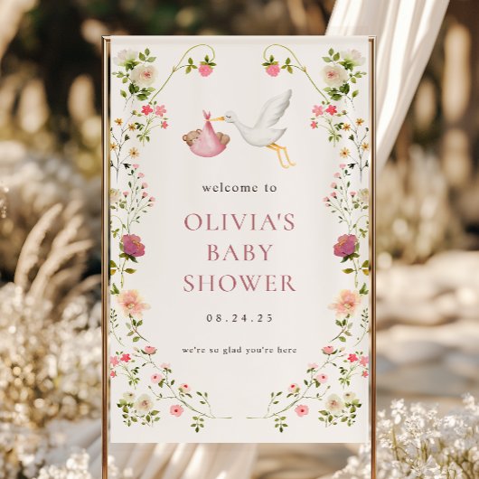 Ooievaar Levering Roze Meisje Baby Shower Welkom Spandoek